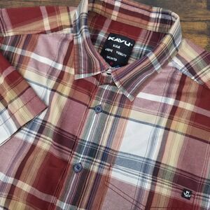 KAVU Men's Short Sleeve Button‎ Up Red White Plaid Size Medium Lightweight